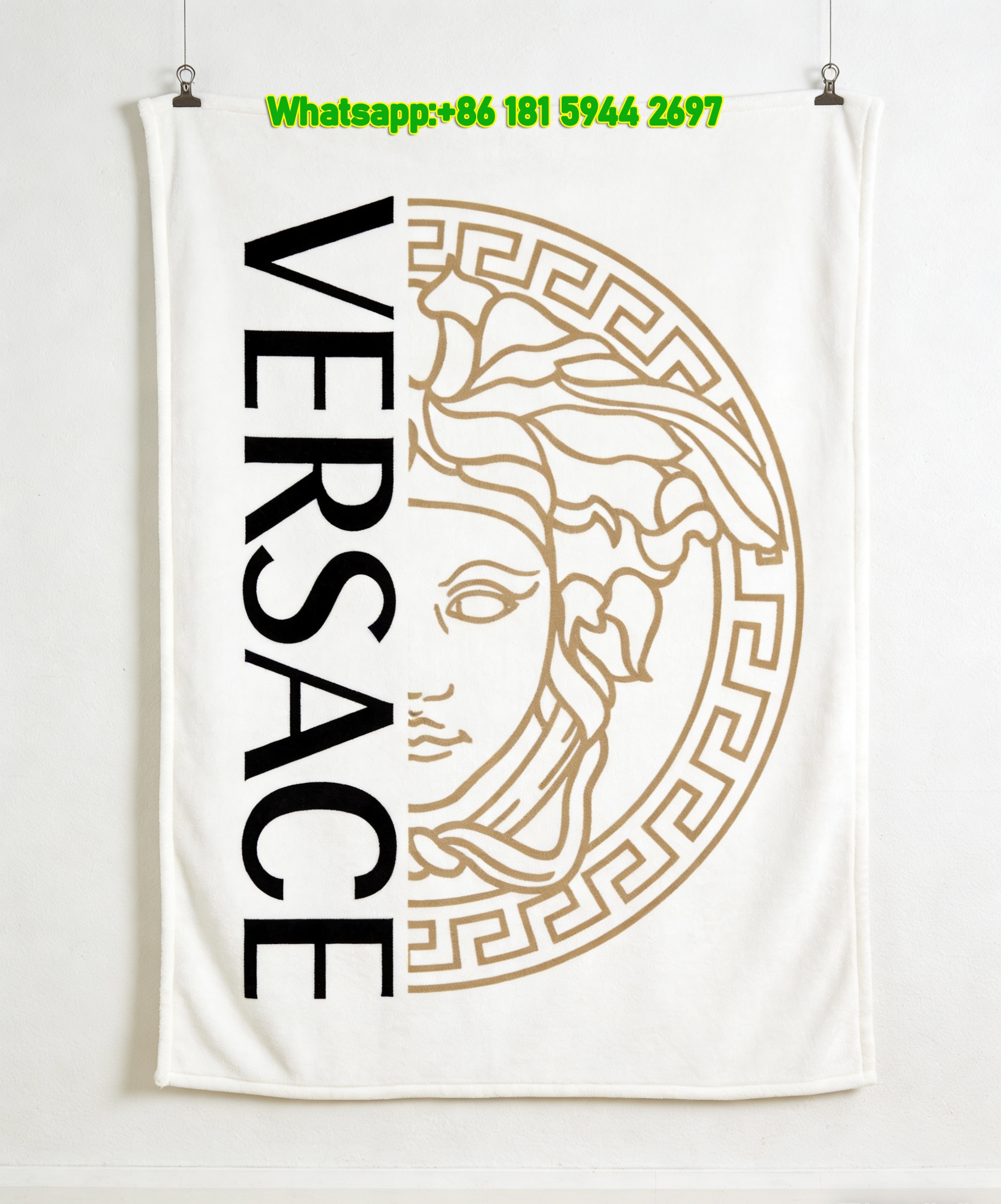 Versace White Black Gold Split Medusa Greek Key Printed Flannel Throw Blanket IMG_1264